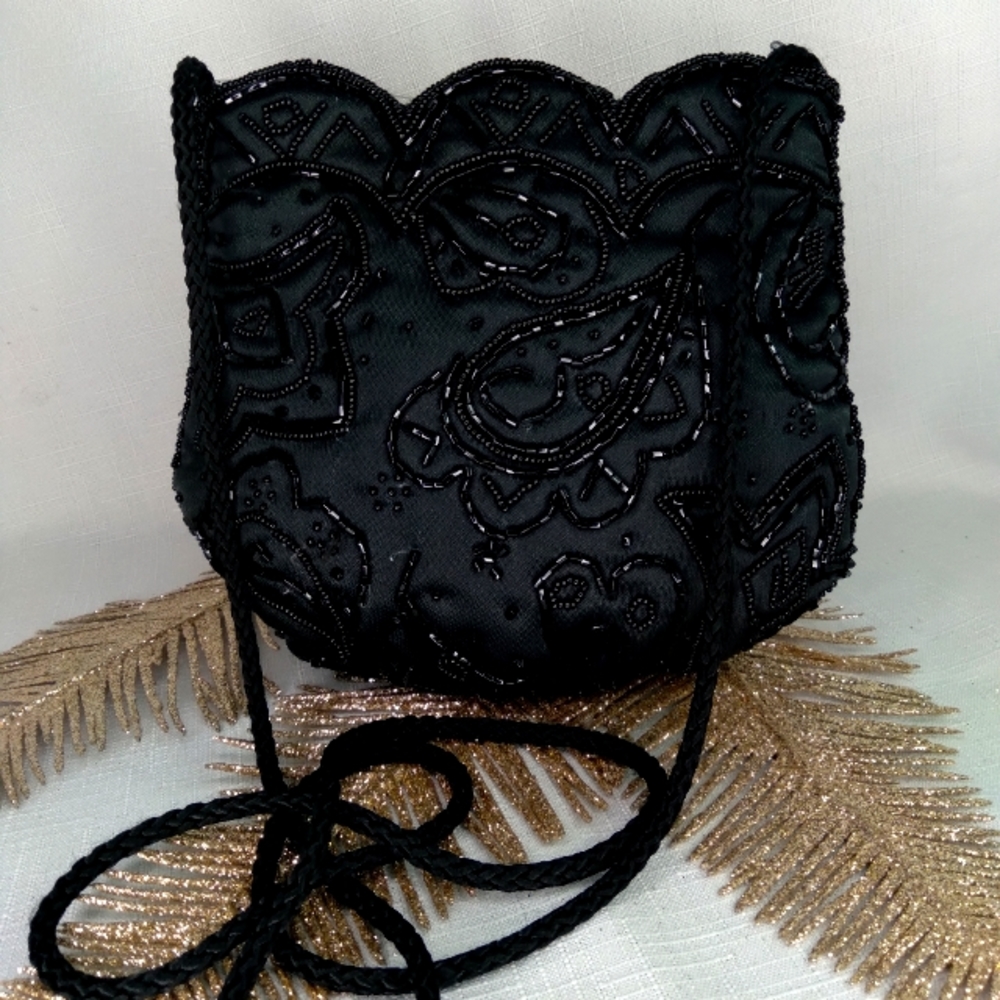 Black beaded tulip evening bag